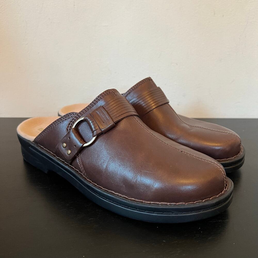 Clarks Collection Soft Cushion Dark Chocolate Brown Leather Slip-On Mules 8.5